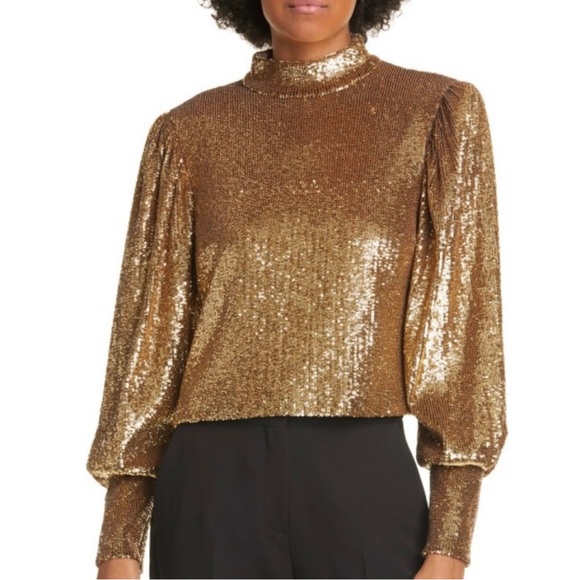 A.L.C. Women's Gold Margaret Sequin Mock Neck Long Sleeve Party Top - Picture 3 of 6